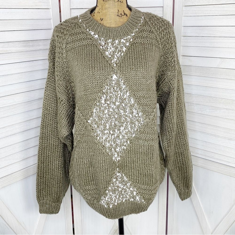 J.J. Cochran‎ Vintage Diamond Print Chunky Knit Sweater Taupe Green White Medium